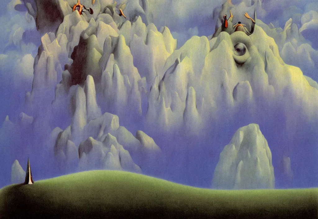 Image similar to shy mountain summit taking a peek through the clouds, fog, with curious eyes. joy of life happy flying creature devil dream mothership with petal wings. iridescence glowing. painting by yves tanguy, jean delville, rene magritte, max ernst, monet