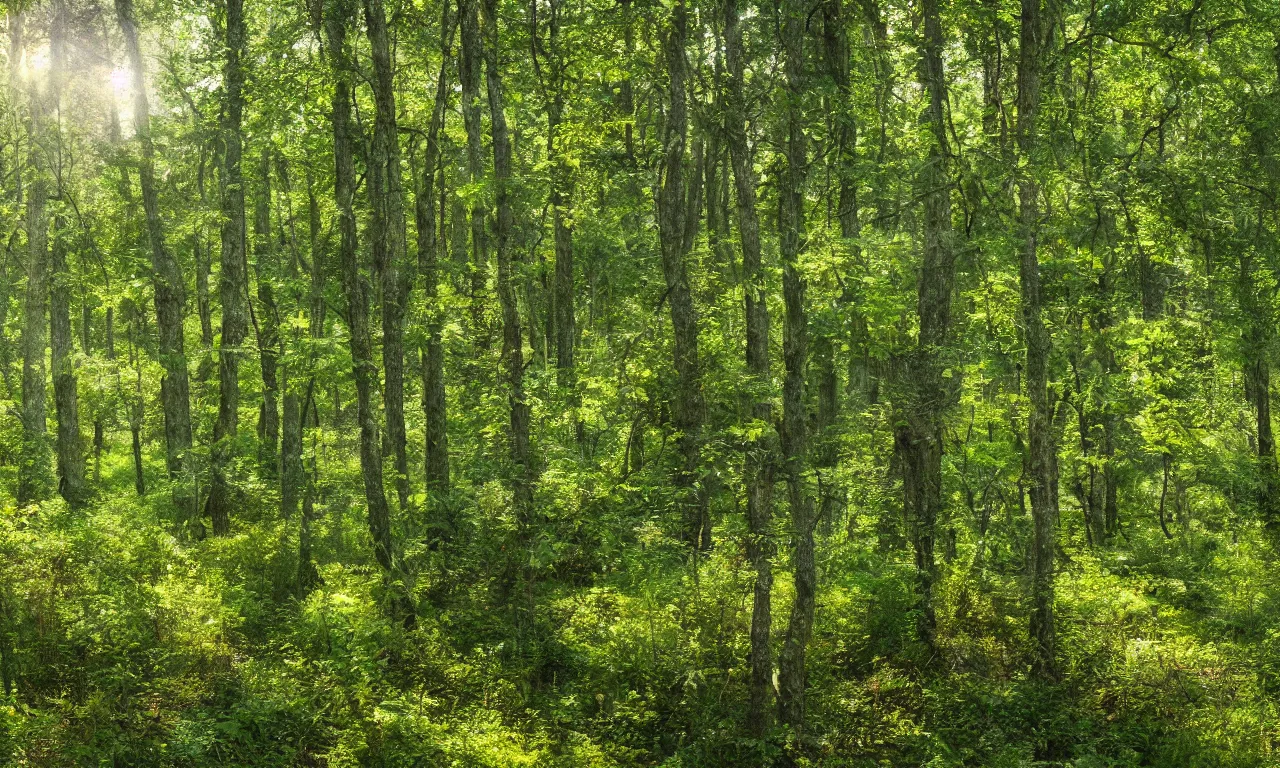 Prompt: a photograph of a forest with trees and shrubs taken in summer season, 4k, detailed, hyper realistic,