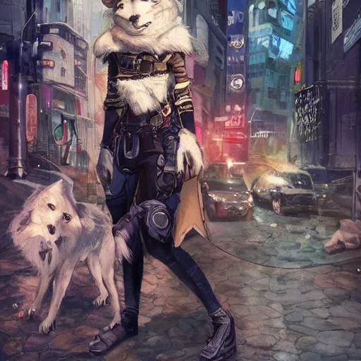 Image similar to beautiful furry art portrait commission of a furry anthro wolf fursona wearing punk clothes in the streets of a cyberpunk city. character design by charlie bowater, ross tran, rick griffin, miles df, detailed, inked, western comic book art