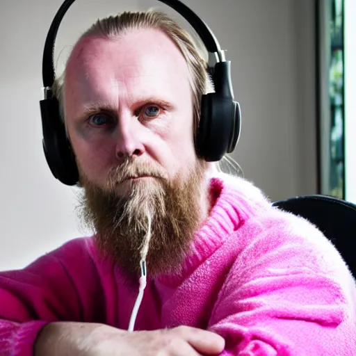 Prompt: professional portrait of Varg Vikernes wearing a pair of pink cat ear headphones and a white sweater sitting in a gaming chair, 8k, dslr,