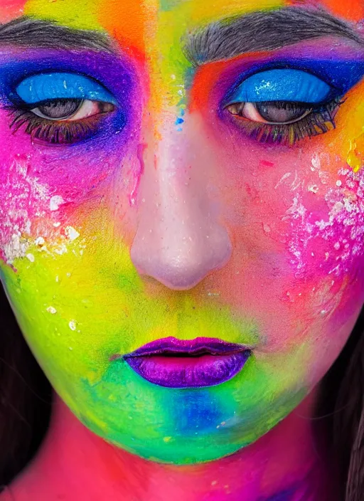 Prompt: close up of a person's face with colorful makeup, an ultrafine detailed painting by paul bodmer, featured on unsplash, neo - fauvism, vivid colors, unsplash hd, fauvism