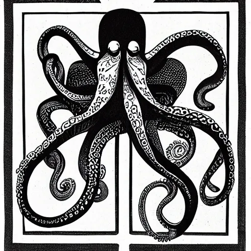 Prompt: MC Escher illustration of an octopus