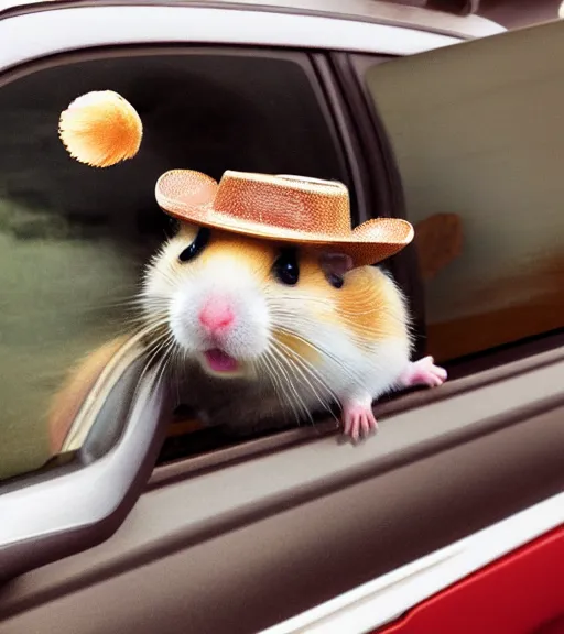 Image similar to a hamster wearing a cowboy hat looking out the driver's seat window of a hamster-sized pick-up truck. By Makoto Shinkai, Stanley Artgerm Lau, WLOP, Rossdraws, James Jean, Andrei Riabovitchev, Marc Simonetti, krenz cushart, Sakimichan, trending on ArtStation, digital art.