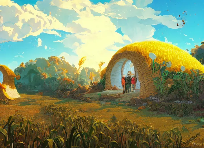 Image similar to concept art of a landscape made of corn on the cob, cel shaded, in the style of makoto shinkai and moebius and peter mohrbacher and anton fadeev