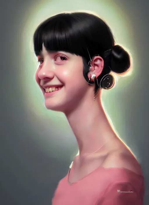 Image similar to portrait of teenage girl, realistic, black hair, bangs, half updo hairstyle, pointy nose, skinny, smile, ugly, defined jawline, big chin, pink hair bow, earrings, intricate, elegant, glowing lights, highly detailed, digital painting, artstation, sharp focus, illustration, art by wlop, mars ravelo and greg rutkowski