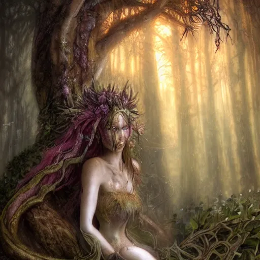 Prompt: cinematic portrait of a dryad priestess, by brian froud, inspired by dungeons and dragons, mysterious, in an evening autumn forest, trending on art station, sunset evening lighting, ominous shadows by jessica rossier