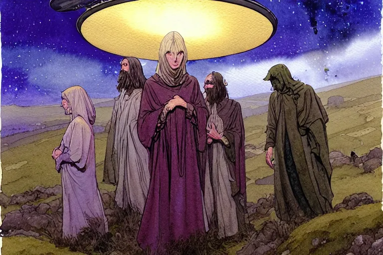 Image similar to a realistic and atmospheric watercolour fantasy character concept art portrait of a group of christians wearing robes and emerging from the mist on the moors of ireland at night. a ufo is in the sky. by rebecca guay, michael kaluta, charles vess and jean moebius giraud