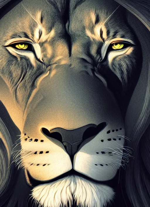 Image similar to centered!! macro head portrait of a lion, artstation, detailed cartoon, elegant, digital painting, concept art, smooth, sharp focus, illustration, ghibli, makoto shinkai, don bluth, fujita goro, jean giraud, akihiko yoshida, tom whalen 8 k