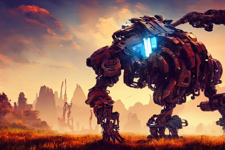 Image similar to scrapper machine mecanical creature robot of horizon forbidden west horizon zero dawn radiating a glowing aura global illumination ray tracing hdr fanart arstation by ian pesty and alena aenami artworks in 4 k