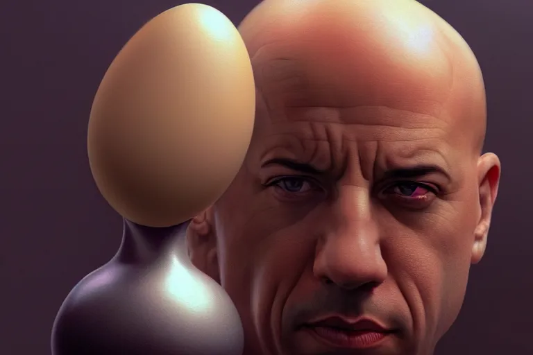 Image similar to vin diesel head in egg cup, silver egg cup, head is an egg, hyper detailed, digital art, artstation, cinematic lighting, studio quality, smooth render, by boris vallejo, android jones, artgerm, caravaggio