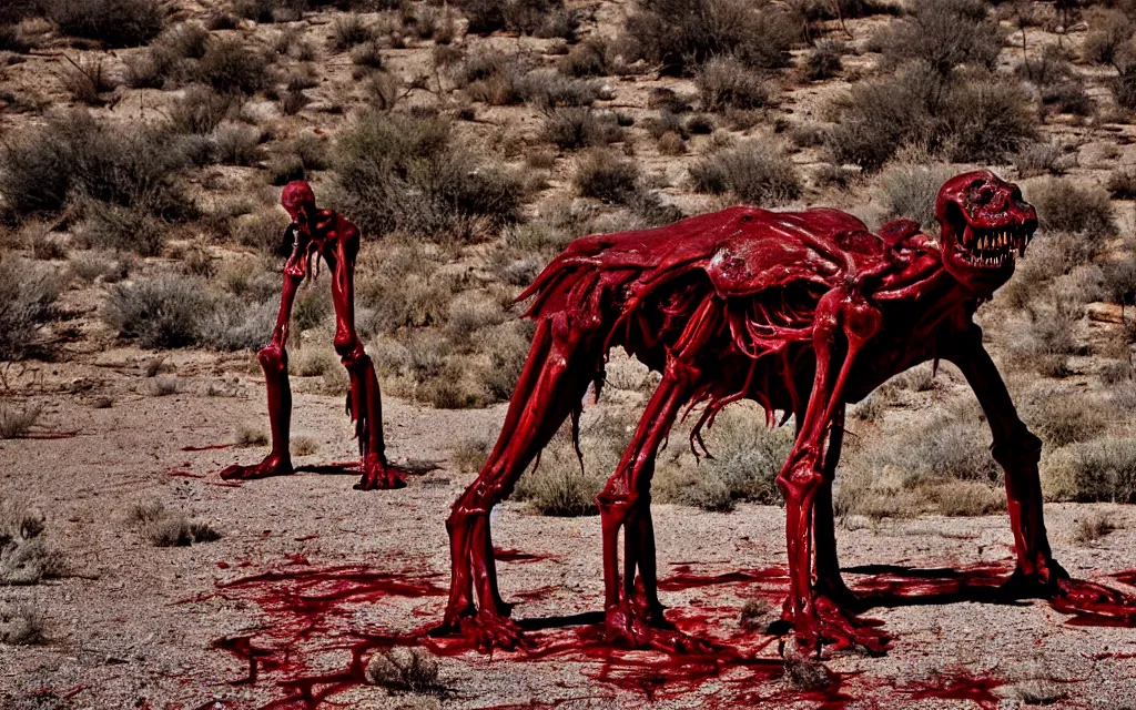 Image similar to in the desert a bloody gross horrifying The Thing creature made of muscle and bone and blood stares at the camera, eating, there is a pool of blood on the ground, it walks on two legs, like a skinwalker, mid day, 35mm photography, realistic,