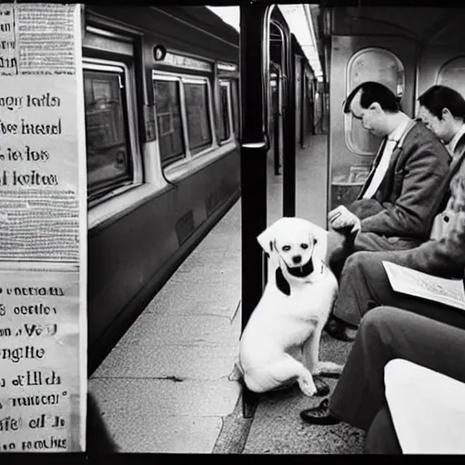 Image similar to a dog reading the newspaper on a subway train in new york, 1 9 7 0 colour photography