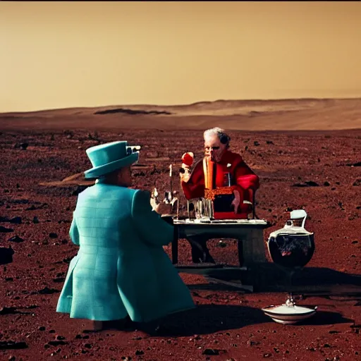 Prompt: thomas pesquet having tea with the queen of england on mars, award winning photography, trending on 5 0 0 px