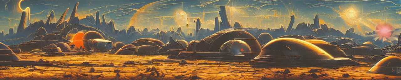 Image similar to retro sci-fi oil painting of an alien landscape with a busy spaceport