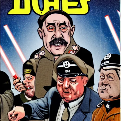 Image similar to comic book of angry jews with lightsabers and adolf hitler accurate eyes high detail