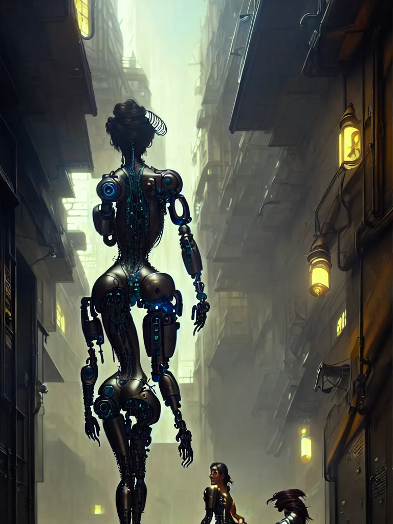 Image similar to ultra realistic, beautiful female cyborg walking down an alley in a megalopolis, sci-fi, intricate details, eerie, highly detailed, octane render, 8k, art by artgerm and alphonse mucha and greg rutkowski