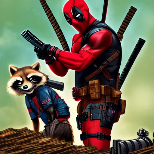 Image similar to deadpool and rocket raccoon in the woods digital art 4 k detailed