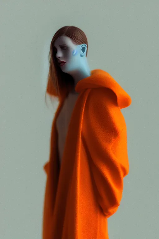 Prompt: a model westling acne outfit, luxury materials, macro photography, long exposure photograph, surrealism, anamorphic bokeh, cozy, soft light, cyan and orange, caustic, atmospheric fog, octane render, cinematic