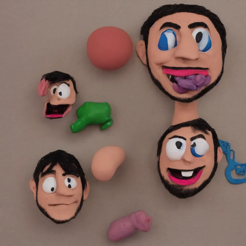 Image similar to very detailed claymation devin montes smiling cartoon head shot