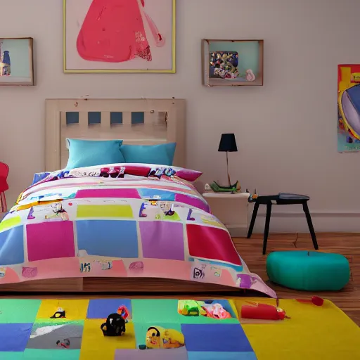 Prompt: eye - level view, in a child's bedroom filled with toys, a super cute gsd runs around in circles on an unmade bed with a toy story comforter, hilarious, funny, back to school comedy, cg animation, 3 d octane render, imax 7 0 mm,