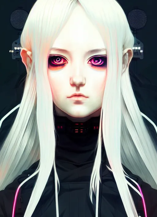 Image similar to portrait Anime girl cyberpunk, cute-fine-face, white-hair pretty face, realistic shaded Perfect face, fine details. Anime, cyberpunk. realistic shaded lighting by Ilya Kuvshinov and Gustav Klimt