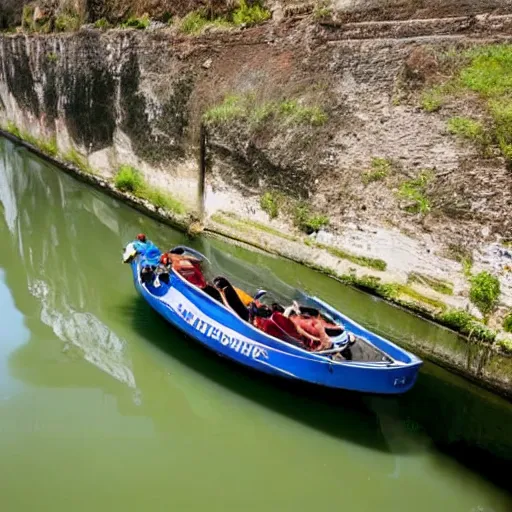 Prompt: flying remorqueur boat tracting ten other boat in a dry canal