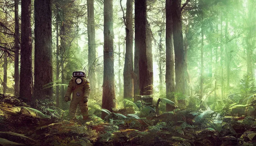 Image similar to american astronaut in the forest, plants environment, wide angle, cinematic lighting, atmospheric, realistic, octane render, highly detailed, color graded, in the style of craig mullins