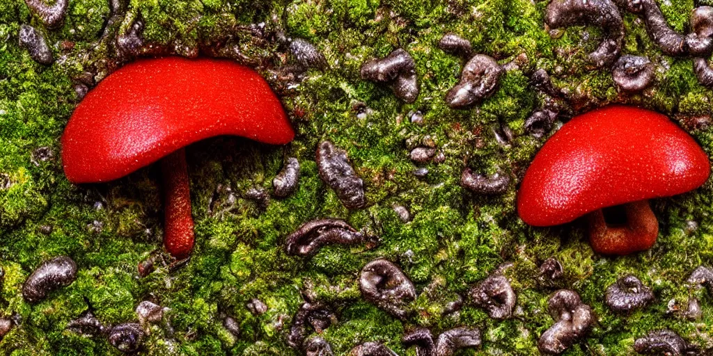 Prompt: extraterrestrial moss with some tiny red mushrooms, fog, dew, realistic, highly detailed, macro photography, trending on artstation