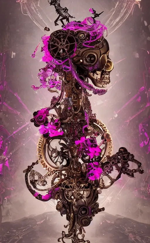 Image similar to a 3d Letter A with a large glowing pink crystal in the center, bronze cyberpunk style statue, mechanical flowers, flowing magenta silk, fabric, steampunk flowers. baroque elements, human skull. full-length view. baroque element. intricate artwork by caravaggio. many flying horses on background. Trending on artstation, octane render, cinematic lighting from the right, hyper realism, octane render, 8k, depth of field, 3D