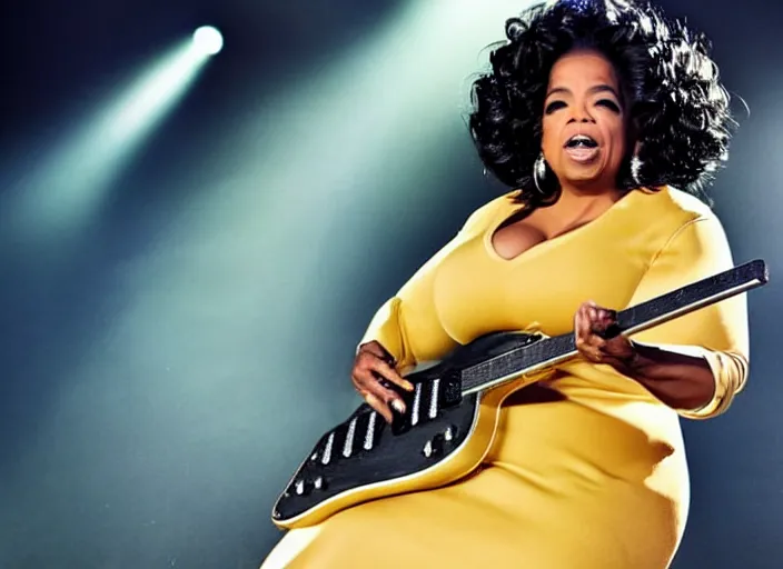 Image similar to publicity photo still of oprah winfrey shredding guitar with every time i die live on stage, 8 k, live concert lighting, mid shot