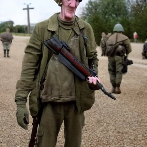 Prompt: Squidward as an English soldier fighting at Normandy, hyperrealistic