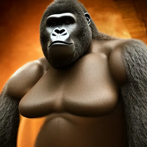 Image similar to big gorilla man terroizing church, 8k cinematic lighting, very sharp detail, anatomically correct