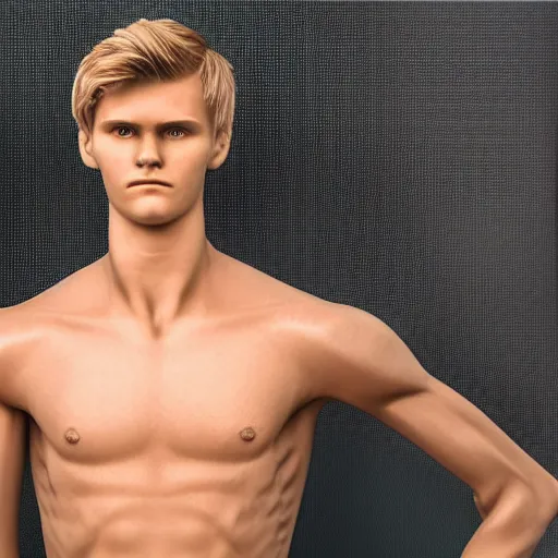 Image similar to a realistic detailed photo of a guy who is an attractive humanoid who is half robot and half humanoid, who is a male android, soccer player martin ødegaard, shiny skin, posing like a statue, blank stare, in a living room, on display, showing off his muscles, with a twin