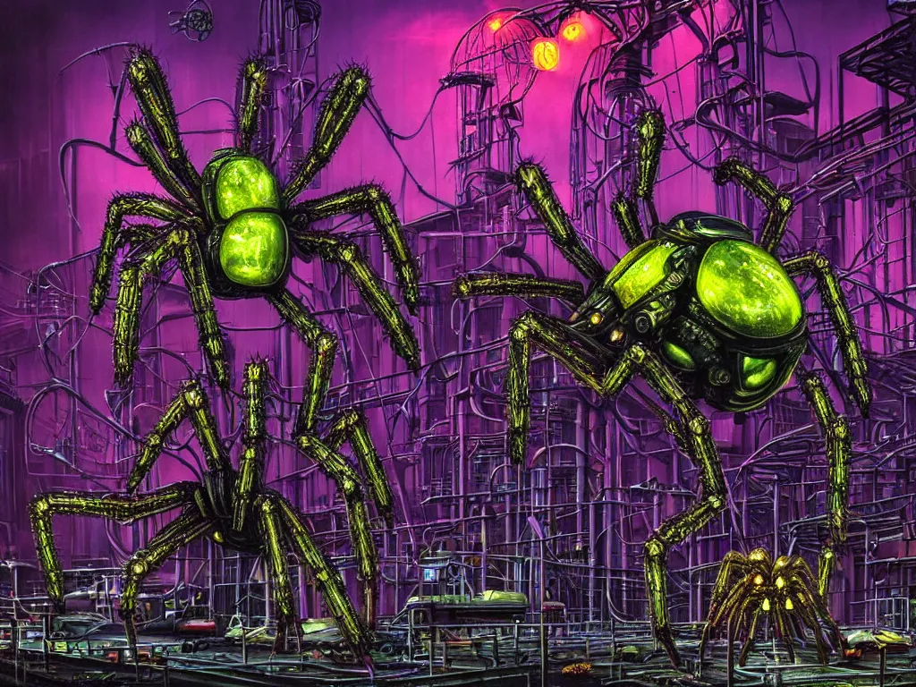 Prompt: a giant spider robot in front of a massive colorful industrial plant, biomechanical, biopunk, nighttime, dark, gloomy, hazy, neon signs, neon, spotlights, oil spills, vignette, art by hr giger, digital art