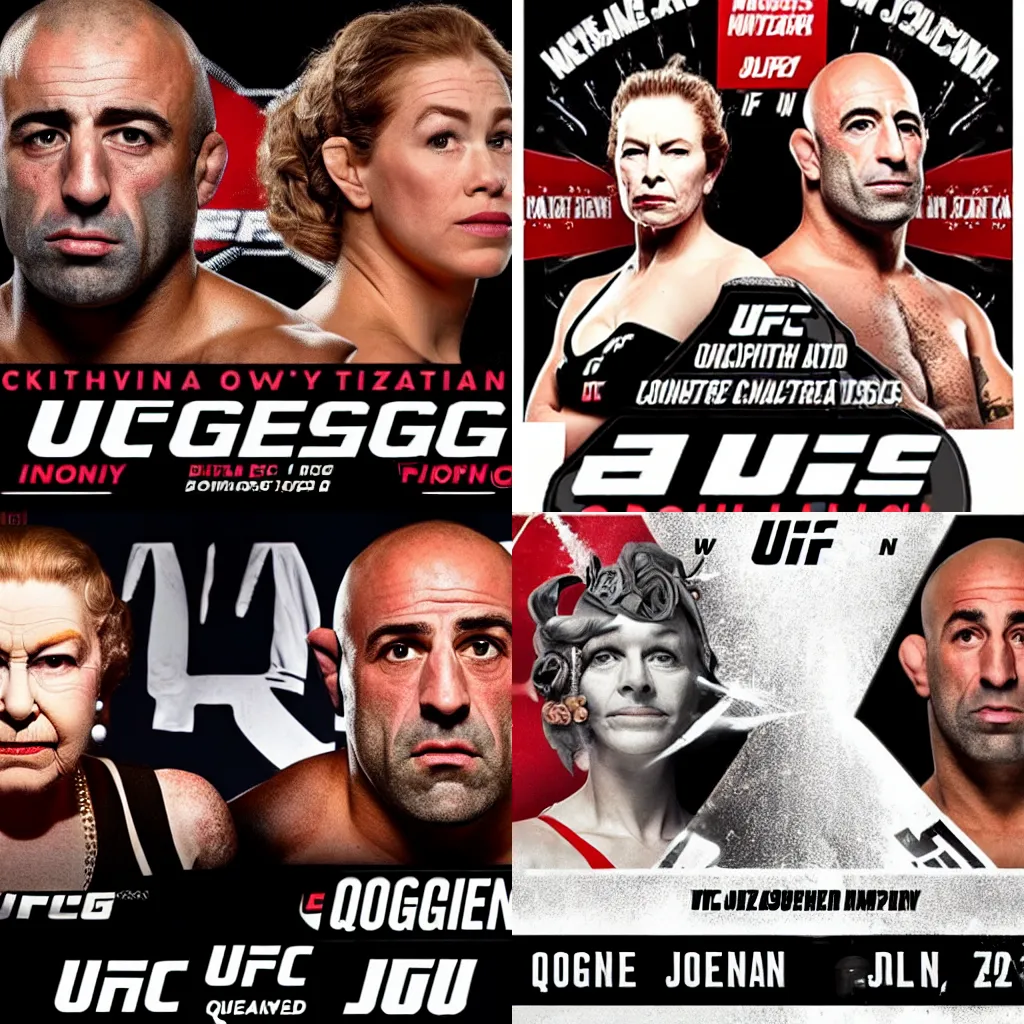 Prompt: UFC titlecard featuring Queen Elizabeth versus Joe Rogan