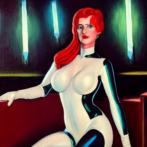 Prompt: a painting of a female wearing a latex suit drunk in a bar. by randolph hewton and edward robert hughes. trending on artstation, highly detailed, volumetric lightning, cinematic lightning