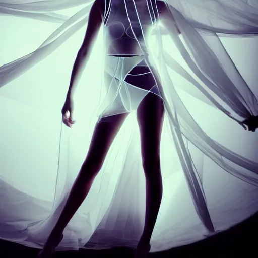 Image similar to high fashion photography of a model in neo futurism white sci - fi transparent cloth, beautifully lit