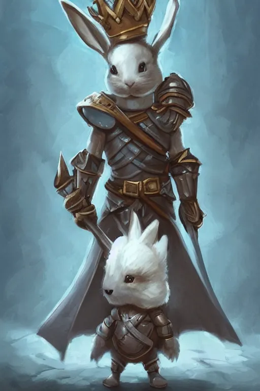 Prompt: cute little anthropomorphic rabbit knight wearing a cape and a crown, tiny, small, miniature rabbit, baby animal, short, pale blue armor, cute and adorable, pretty, beautiful, DnD character art portrait, matte fantasy painting, DeviantArt Artstation, by Jason Felix by Steve Argyle by Tyler Jacobson by Peter Mohrbacher, cinematic lighting