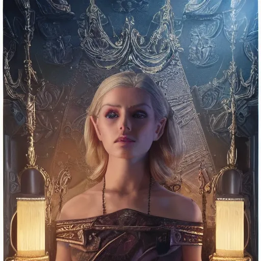 Image similar to the elder scrolls vi, regal blonde high elf royalty, portrait, exquisitely detailed throne room, atmospheric lighting, painted, intricate, volumetric lighting, beautiful, daytime,, slight overcast weather, 4 5 0 0 k, sharp focus, deep colours, ultra detailed, by leesha hannigan, ross tran, thierry doizon, kai carpenter, ignacio fernandez rios