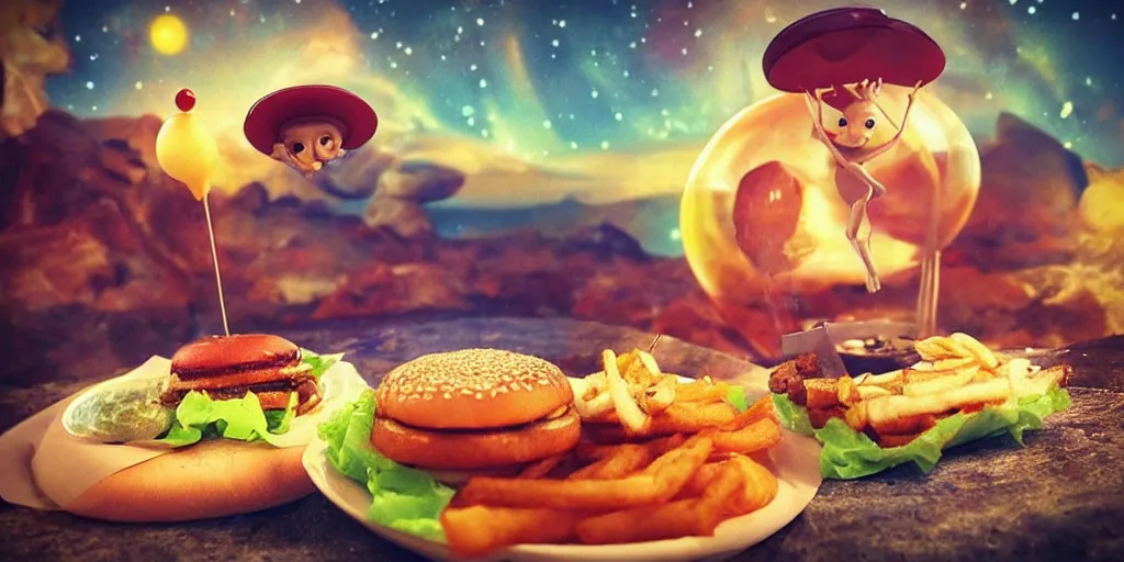Image similar to a dream of time gone by, where I was eating burgers and not so hungry, realistic, out of this world, alien, sleepy, on a mini world, the little prince from outer space, colorful, gangly, dream, vial of stars, metallic, satisfying render, tiny people devouring food, the happiest moment, joy, fry sauce, aurora