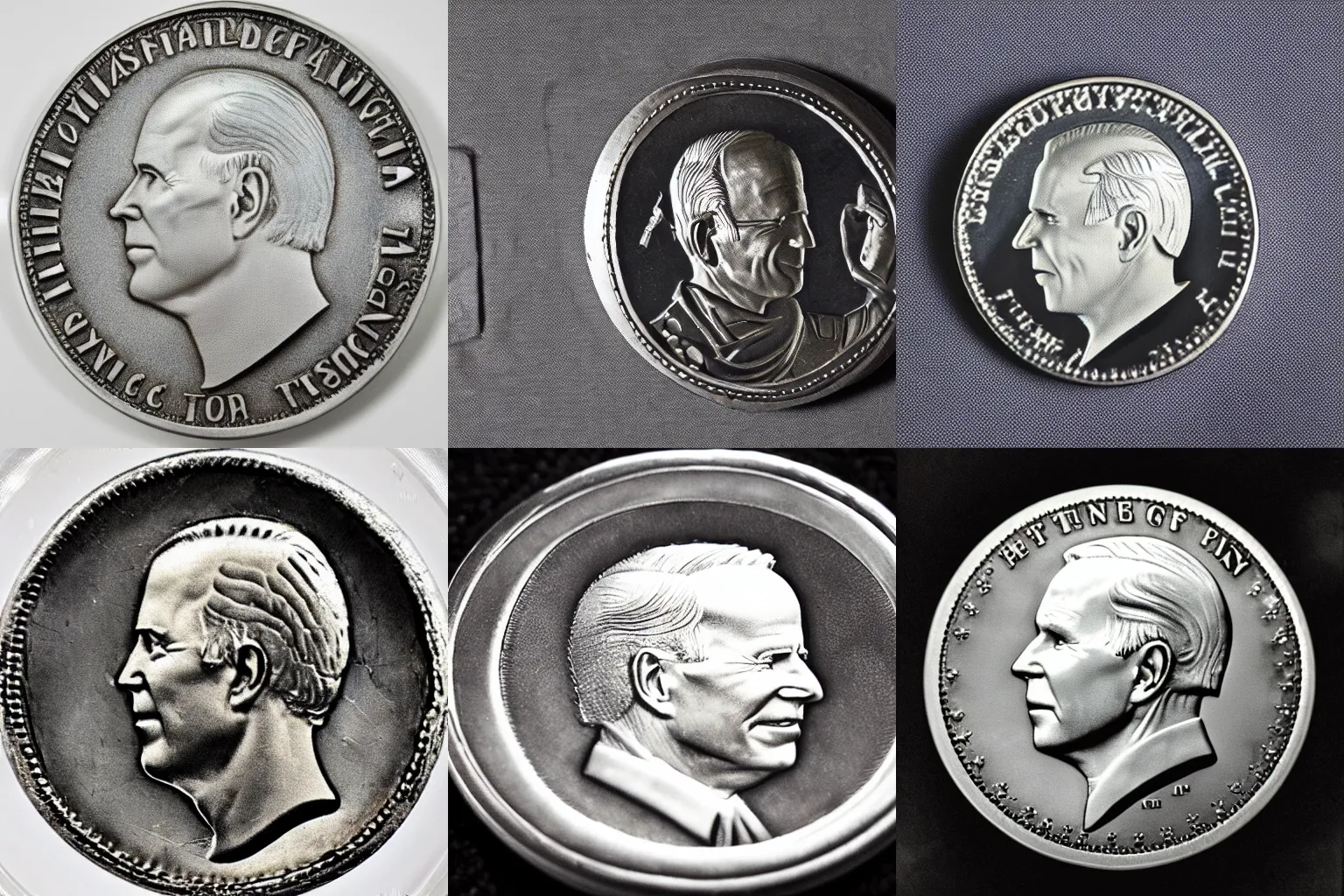 Prompt: antique silver coin embossed with joseph biden, photograph