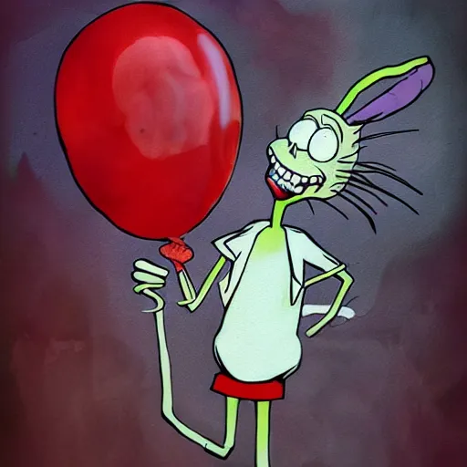 Image similar to grunge painting of bugs bunny with a wide smile and a red balloon by tim burton, loony toons style, pennywise style, corpse bride style, rick and morty style, creepy lighting, horror theme, detailed, elegant, intricate, conceptual