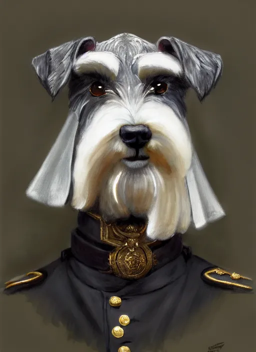 Image similar to portrait of stoic looking miniature schnauzer, military uniform, black fir, white eyebrows, fantasy, intricate, elegant, highly detailed, centered, dark, smokey, digital painting, artstation, concept art, smooth, sharp focus, illustration, art by artgerm and greg rutkowski and alphonse mucha