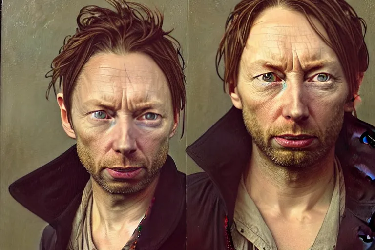 Prompt: hyper realistic portrait of wider faced thom yorke, bigger nose, on a stage, by lee bermejo, alphonse mucha and greg rutkowski