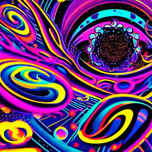 Prompt: Corporate Hippie aesthetic, psychedelic graphic styles, Liminal space in outer space