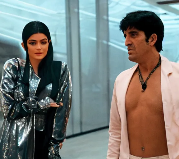 Image similar to a movie still of kylie jenner with tony montana in the movie scarface 2 0 4 9