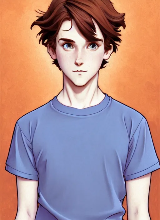 Image similar to art nouveau portrait of a teen boy with completely straight auburn hair, light blue eyes, pale skin, freckles, sad expression, t - shirt, modern casual clothing, natural lighting, path traced, highly detailed, high quality, cartoon, digital painting, by don bluth and ross tran and studio ghibli and alphonse mucha