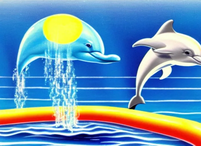 Image similar to professional 1980s airbrush illustration of a cheeky time-travelling dolphin wearing a powder wig floating above a swimming pool