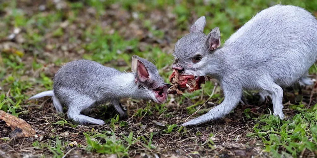 Prompt: tiny imp cryptid eating a dead animal in a front yard, news paper photo
