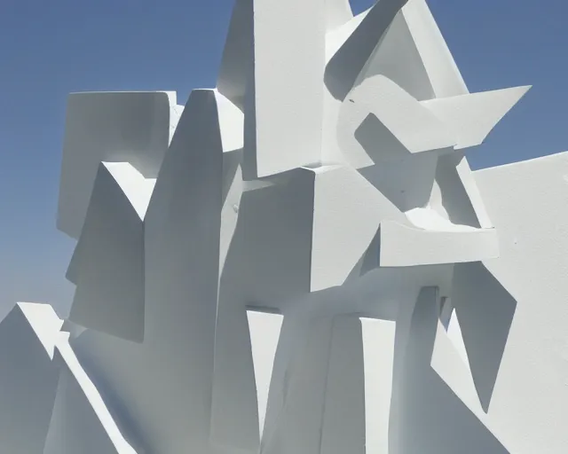 Image similar to photo of minimalist abstract cubist sculpture of blue hills with random white mecha mayan decorations, covered with few large white airplane parts